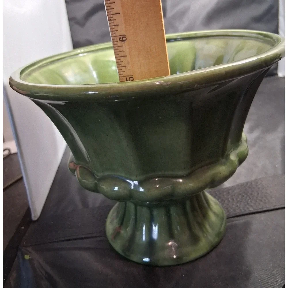 Vintage FTD Green Ceramic Pedestal Planter Urn Fluted Vase USA F-71